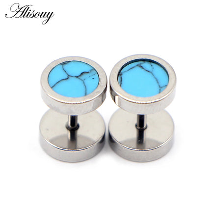 Alisouy 2 pz Acciaio Inossidabile Double Sided Rotondo Pietra Manubri Uomo Donna Vite Stud Bilanciere Orecchini Penetranti Spina per L'orecchio Finto platinumshop