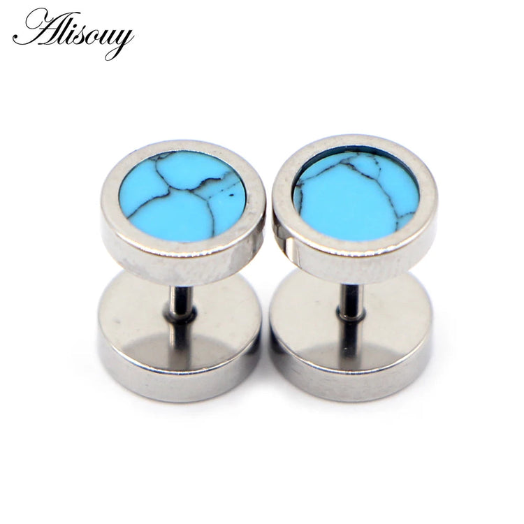 Alisouy 2 pz Acciaio Inossidabile Double Sided Rotondo Pietra Manubri Uomo Donna Vite Stud Bilanciere Orecchini Penetranti Spina per L'orecchio Finto platinumshop