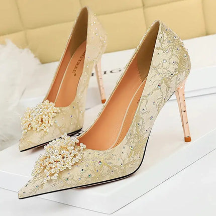 BIGTREE Scarpe Fiori di perle Décolleté da donna Tacchi alti con strass 2026 Nuove donne di lusso Tacchi a spillo Décolleté da donna di grandi dimensioni platinumshop