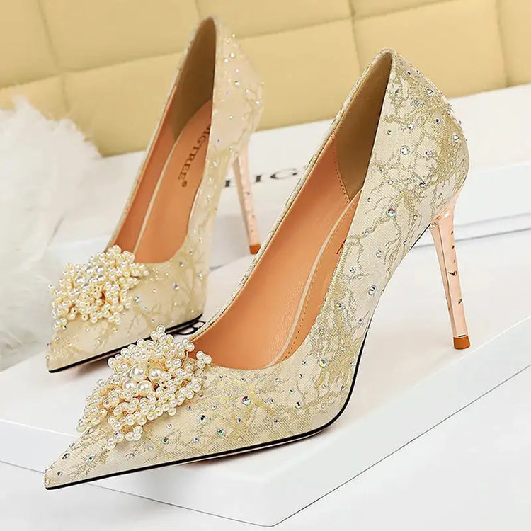 BIGTREE Scarpe Fiori di perle Décolleté da donna Tacchi alti con strass 2026 Nuove donne di lusso Tacchi a spillo Décolleté da donna di grandi dimensioni platinumshop
