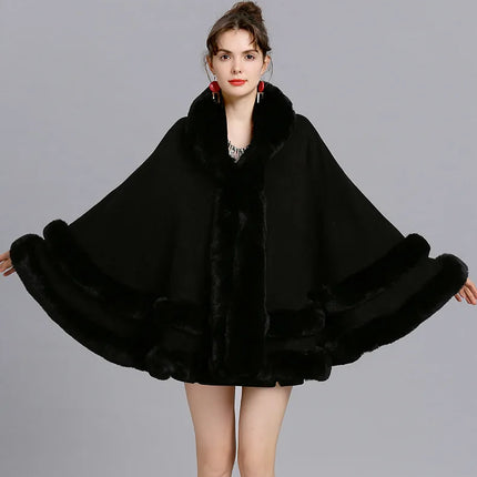 7 Colors Winter Shawl Warm Thick Cappa Coat Two Circle Faux Fox Fur Loose Poncho Cloak With Hat Women Big Pendulum Cardigan Cape