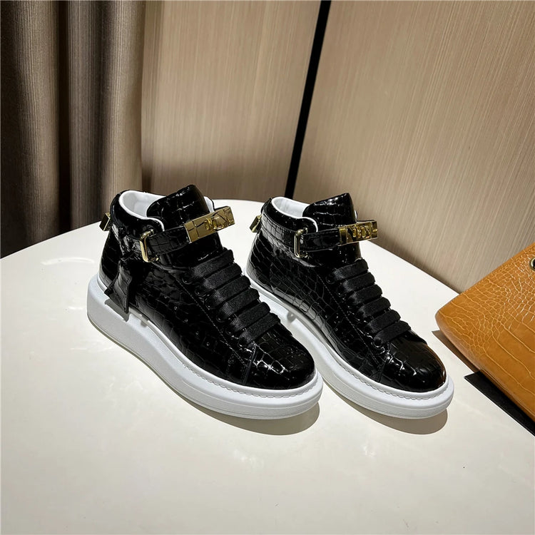 2026 Mid-Top Sneakers Men Alligator Pattern Round Toe Lock Decoration Lace Flats Glossy Cow Leather Casual Shoes