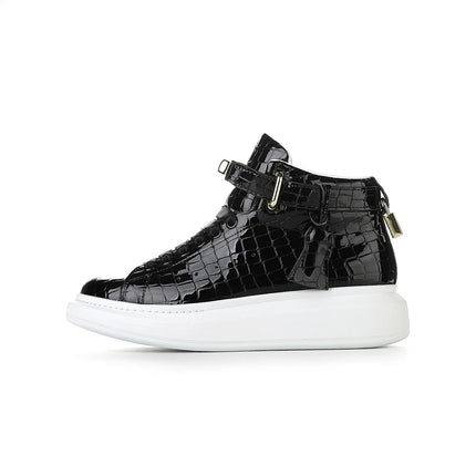 2026 Mid-Top Sneakers Men Alligator Pattern Round Toe Lock Decoration Lace Flats Glossy Cow Leather Casual Shoes