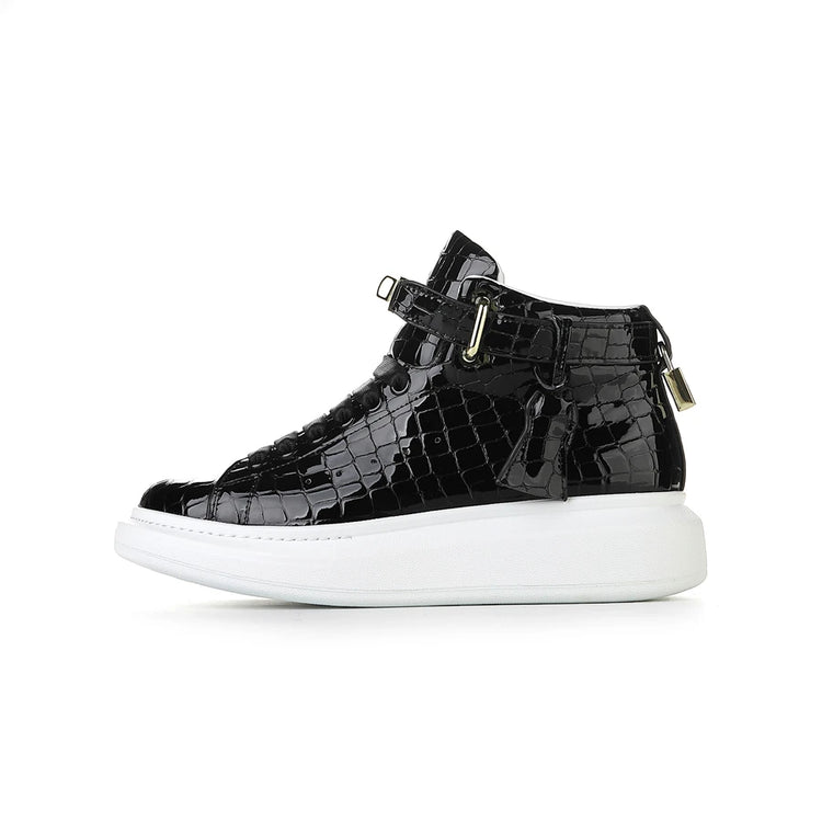 2026 Mid-Top Sneakers Men Alligator Pattern Round Toe Lock Decoration Lace Flats Glossy Cow Leather Casual Shoes