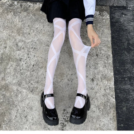 Collant Sexy da Donna Sottili in Jacquard a Rombi, Collant Gotici JK con Finte Cinghie Incrociate, Leggings