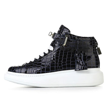 2026 Mid-Top Sneakers Men Alligator Pattern Round Toe Lock Decoration Lace Flats Glossy Cow Leather Casual Shoes