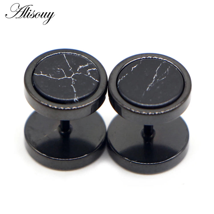 Alisouy 2 pz Acciaio Inossidabile Double Sided Rotondo Pietra Manubri Uomo Donna Vite Stud Bilanciere Orecchini Penetranti Spina per L'orecchio Finto platinumshop