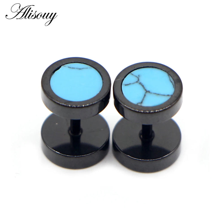 Alisouy 2 pz Acciaio Inossidabile Double Sided Rotondo Pietra Manubri Uomo Donna Vite Stud Bilanciere Orecchini Penetranti Spina per L'orecchio Finto platinumshop