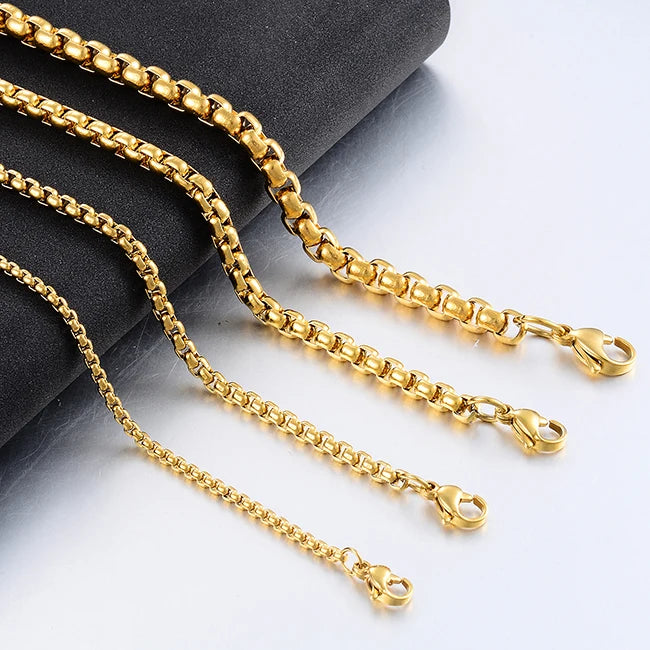 2mm/3mm/4mm/5mm Collana in acciaio inossidabile color oro Scatola rotonda impermeabile Catena a maglie da uomo Lunghezza regalo personalizzato PlatiNum