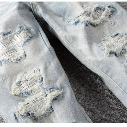 Men Crystal Holes Ripped Patchwork Jeans Streetwear Light Blue Denim Slim Skinny Pencil Pants Trousers PlatiNum