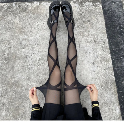 Collant Sexy da Donna Sottili in Jacquard a Rombi, Collant Gotici JK con Finte Cinghie Incrociate, Leggings