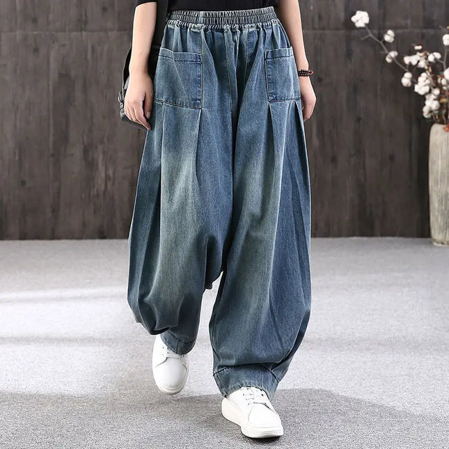 New Women's Loose Oversize Jeans Denim Casual Crisscross Trousers Vintage Female Harem Pants Bloomers 2022 Mom Wide Leg Jeans