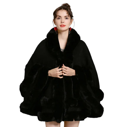 7 Colors Winter Shawl Warm Thick Cappa Coat Two Circle Faux Fox Fur Loose Poncho Cloak With Hat Women Big Pendulum Cardigan Cape