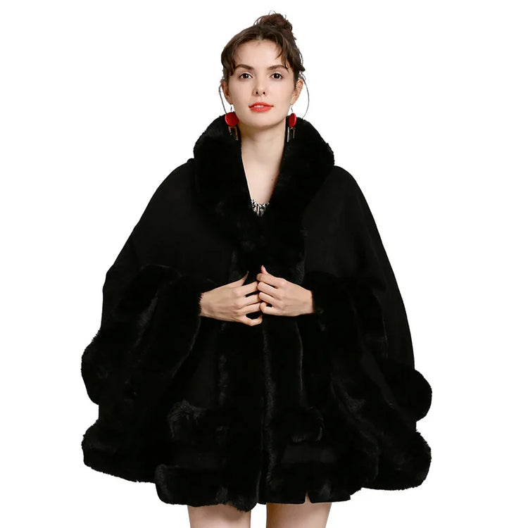 7 Colors Winter Shawl Warm Thick Cappa Coat Two Circle Faux Fox Fur Loose Poncho Cloak With Hat Women Big Pendulum Cardigan Cape