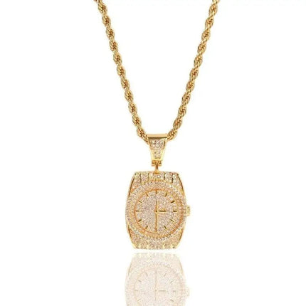 Exquisite Zircon Watch Shape Pendant Necklace Men and Women Trend Hip-Hop Rock Party Jewelry Gift Accessories PlatiNum