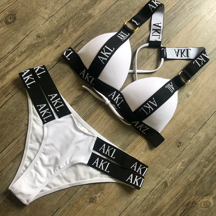 Costumi da bagno da donna Costume da bagno Push Up Bikini 2023 Mujer Lace Up Bikini Costume da bagno donna Stampa di lettere Mini Perizoma Bikini Set platinumshop