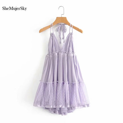 SheMujerSky Sexy Lace Patchwork Backless Mini Dress Summer V Neck Halter Dresses Women's Dress Elegant Party