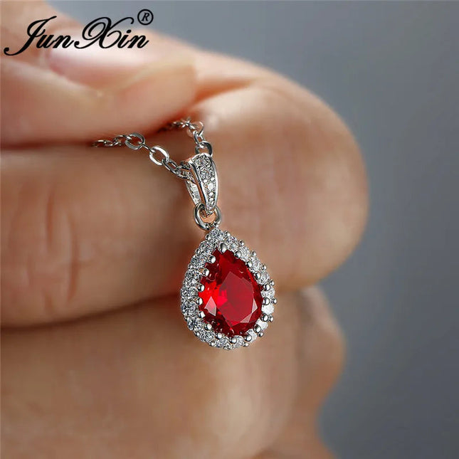 Multicolor Crystal Water Drop Stone Pendant Green Red Blue Zircon Necklaces For Women White Gold Colorful Pear Cz Wedding Choker PlatiNum