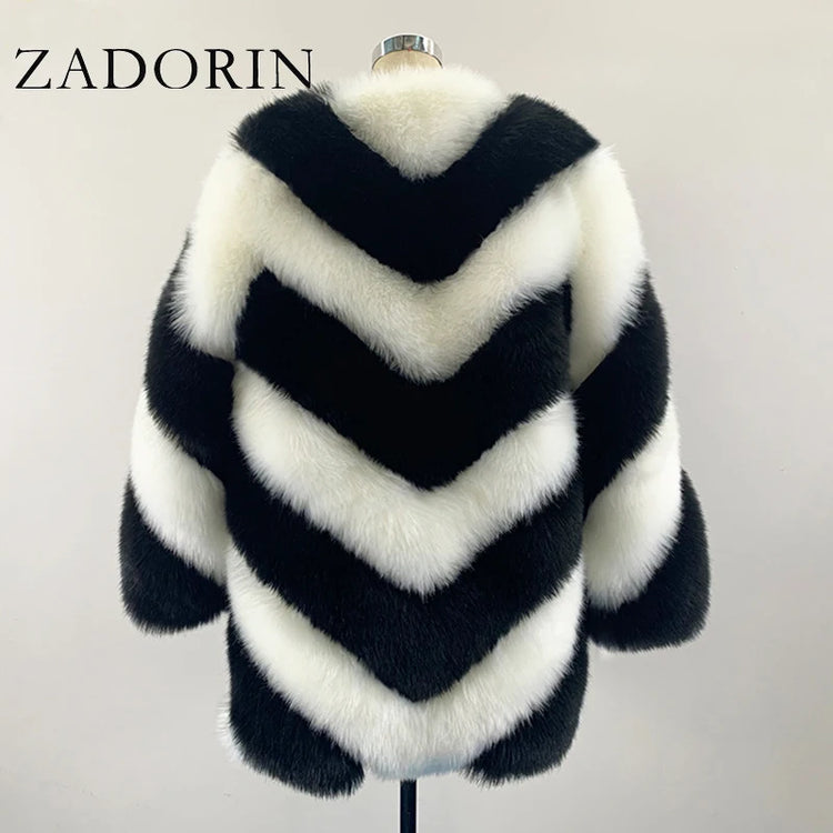 ZADORIN Korean Fashion Winter Faux Fox Fur Coat Women Luxury Color Contrast Long Thick Warm Fluffy Jacket Fake Fur Coats Jackets