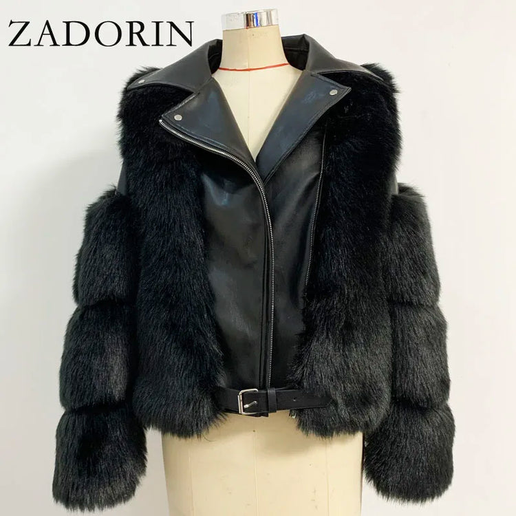 ZADORIN Top Fashion Luxury FAUX Fox Fur Coat Motorcycle PU Leather Turn Down Collar Warm Faux Fur Jacket Women Autumn Winter New