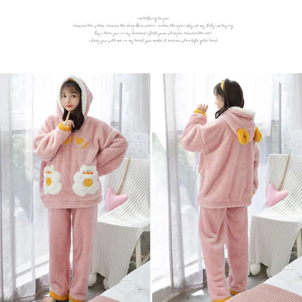 Jielur Warm Women Pajama Sets Winter Lady Long Sleeve Shirt+Pants Home suit Hooded Cartoon Print Thick Pijama Feminino