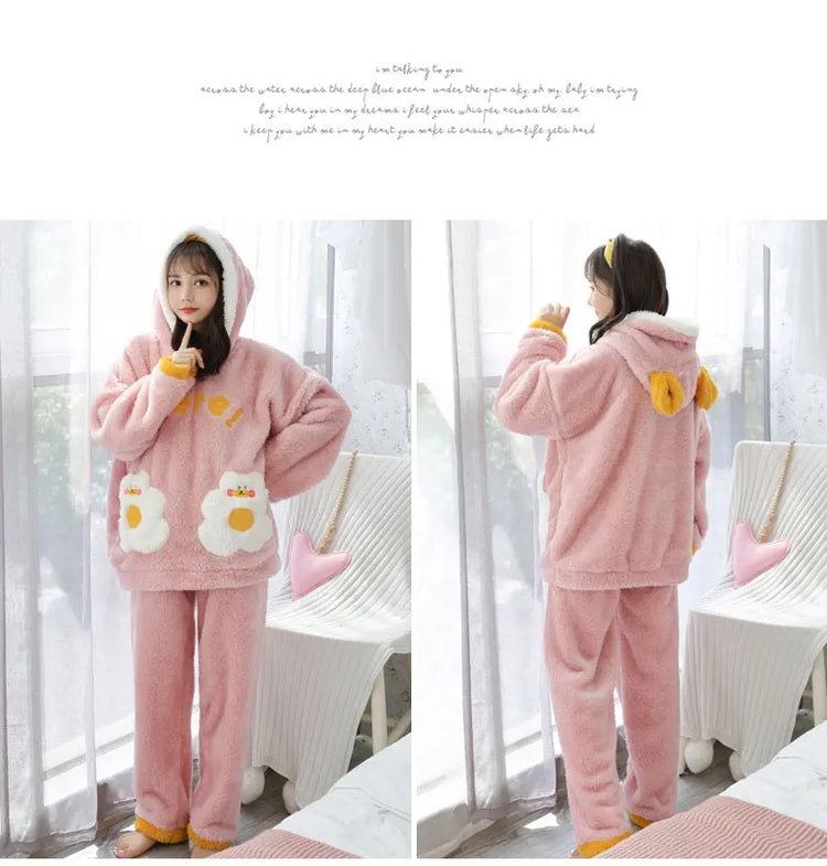 Jielur Warm Women Pajama Sets Winter Lady Long Sleeve Shirt+Pants Home suit Hooded Cartoon Print Thick Pijama Feminino