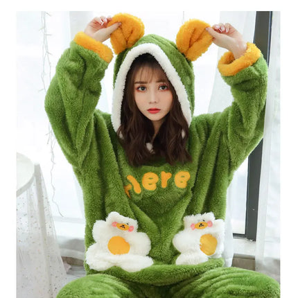 Jielur Warm Women Pajama Sets Winter Lady Long Sleeve Shirt+Pants Home suit Hooded Cartoon Print Thick Pijama Feminino