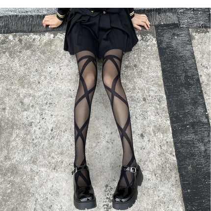 Collant Sexy da Donna Sottili in Jacquard a Rombi, Collant Gotici JK con Finte Cinghie Incrociate, Leggings