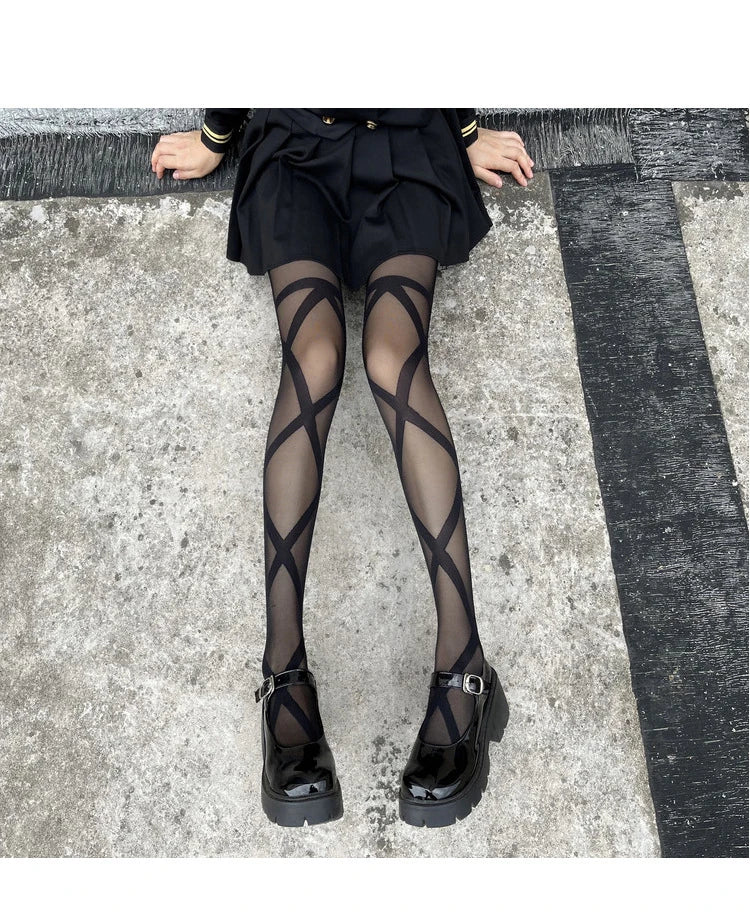 Collant Sexy da Donna Sottili in Jacquard a Rombi, Collant Gotici JK con Finte Cinghie Incrociate, Leggings