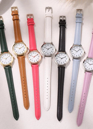 Orologio al quarzo da donna alla moda per il tempo libero, numeri arabi facili da leggere, quadrante semplice, cinturino in pelle PU, colore caramella platinumshop