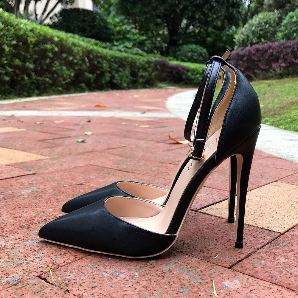 Tikicup Black Patent Pointed-Toe Stiletto Pumps Ankle Strap Elegant High Heel Dress Shoes for Women Evening Events, Office