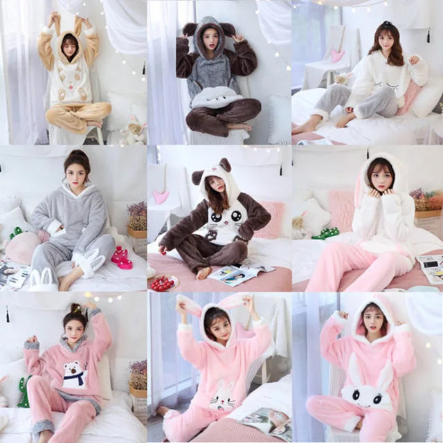Cute Pajamas Set 2 Pieces Women Sleepwear Warm Winter Thick Coral Fleece Hooded Cartoon Girls Homewear Animal Pajamas Nighties