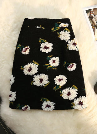 Three Dimensional Flower Skirts Women Winter High Waist Woolen Thickened Long Skirt Female Autumn New PlatiNum