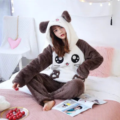 Cute Pajamas Set 2 Pieces Women Sleepwear Warm Winter Thick Coral Fleece Hooded Cartoon Girls Homewear Animal Pajamas Nighties