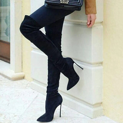 Over The Knee Suede Slim Boots Stretch Fabric Metal Thin High Heel Sexy Pointed Slip On Winter Women Shoes Solid Sexy Boots