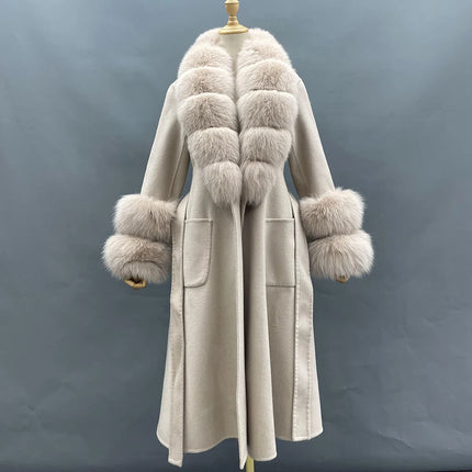 2022 New Arrival Women Wool Coat With Real Fox Fur Collar Cuff Slim Fit Elegant Belted Cashmere Long Coat Ladies Winter Coats