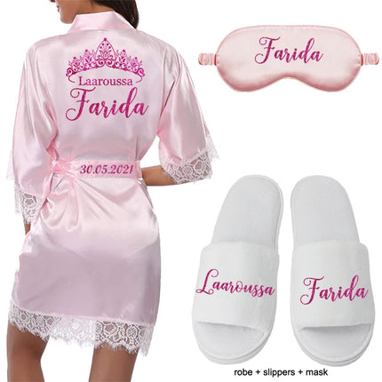 Data personalizzata Nome Kimono in pizzo Abito da donna Matrimonio Sposa Abiti da damigella d'onore Addio al nubilato Preparewear
