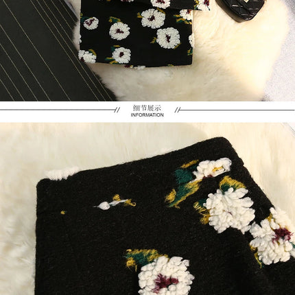Three Dimensional Flower Skirts Women Winter High Waist Woolen Thickened Long Skirt Female Autumn New PlatiNum