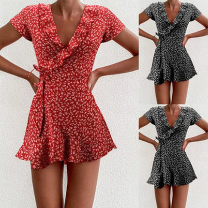 Women's Floal A-Line Summer Dress Sweet Elegant Floral Ruffle V-Neck Bandage Mini Dress for Women Chic Floral