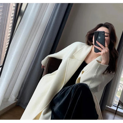 White Woolen Coat Women Autumn And Winter High-End Fashion Temperament Long Thick Blended Wool Windbreaker Female Jacket Belt 99