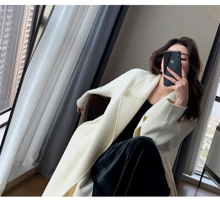 White Woolen Coat Women Autumn And Winter High-End Fashion Temperament Long Thick Blended Wool Windbreaker Female Jacket Belt 99