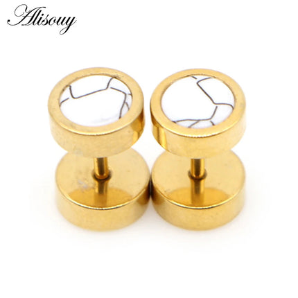 Alisouy 2 pz Acciaio Inossidabile Double Sided Rotondo Pietra Manubri Uomo Donna Vite Stud Bilanciere Orecchini Penetranti Spina per L'orecchio Finto platinumshop