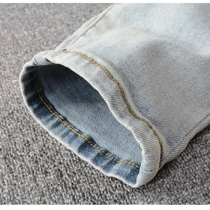 Men Crystal Holes Ripped Patchwork Jeans Streetwear Light Blue Denim Slim Skinny Pencil Pants Trousers PlatiNum