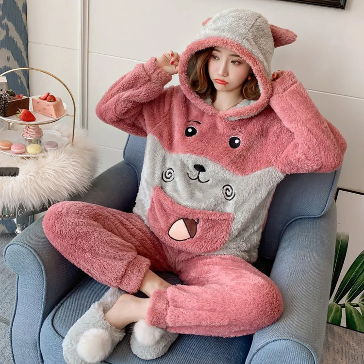 Cute Pajamas Set 2 Pieces Women Sleepwear Warm Winter Thick Coral Fleece Hooded Cartoon Girls Homewear Animal Pajamas Nighties