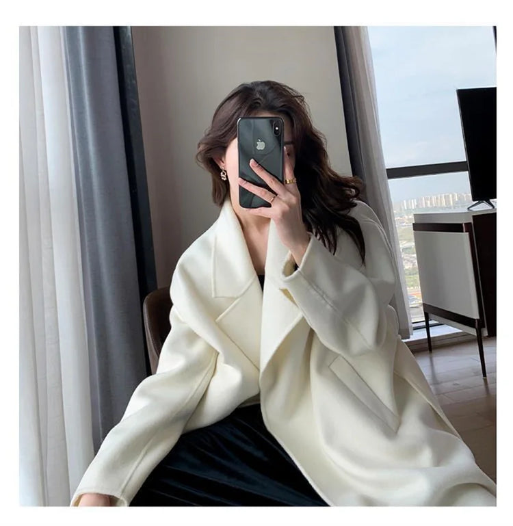 White Woolen Coat Women Autumn And Winter High-End Fashion Temperament Long Thick Blended Wool Windbreaker Female Jacket Belt 99