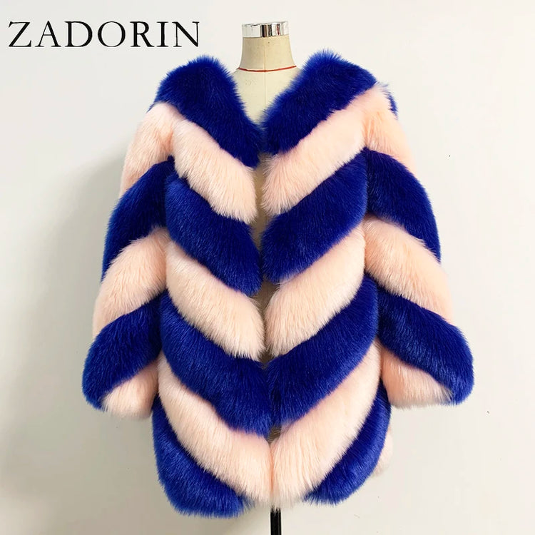 ZADORIN Korean Fashion Winter Faux Fox Fur Coat Women Luxury Color Contrast Long Thick Warm Fluffy Jacket Fake Fur Coats Jackets