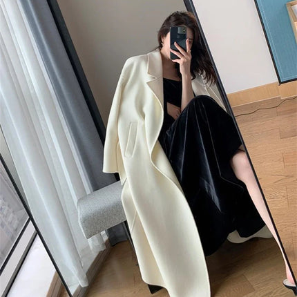 White Woolen Coat Women Autumn And Winter High-End Fashion Temperament Long Thick Blended Wool Windbreaker Female Jacket Belt 99