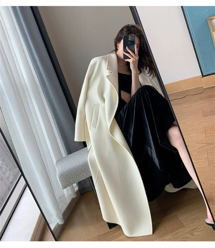 White Woolen Coat Women Autumn And Winter High-End Fashion Temperament Long Thick Blended Wool Windbreaker Female Jacket Belt 99