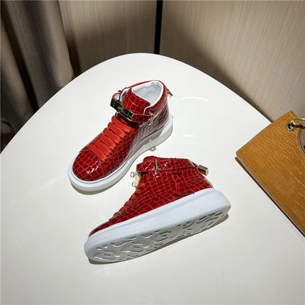 2026 Mid-Top Sneakers Men Alligator Pattern Round Toe Lock Decoration Lace Flats Glossy Cow Leather Casual Shoes