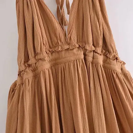 SheMujerSky Sexy Lace Patchwork Backless Mini Dress Summer V Neck Halter Dresses Women's Dress Elegant Party